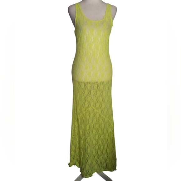 Miken Swim Neon Green All Over Floral Lace Sheer Maxi Dress Cover Up Size Medium - Picture 1 of 7